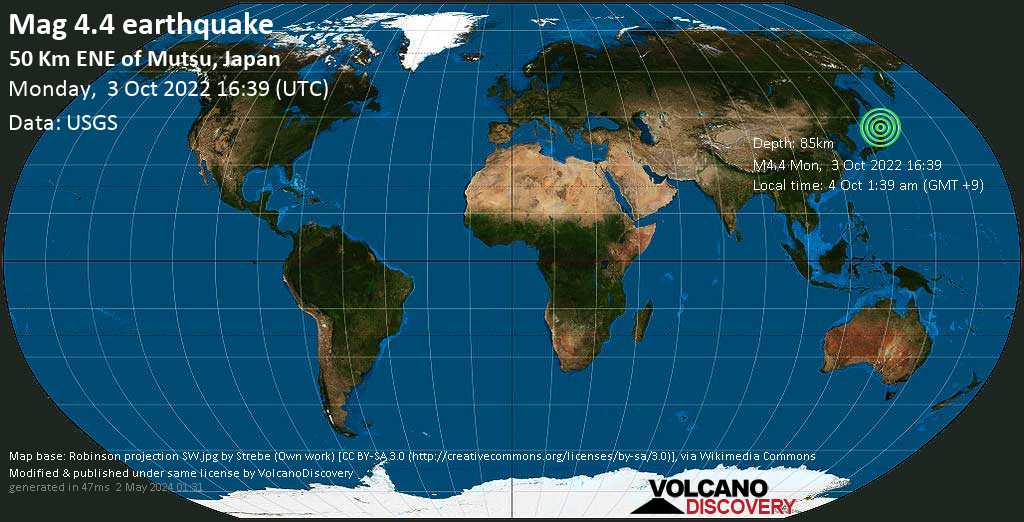 Séisme faible mag. 4.4 - Océan Pacifique Nord, 50 km au nord-est de Mutsu, Préfecture dAomori, Japon, mardi,  4 oct. 2022 01:39 (GMT +9)