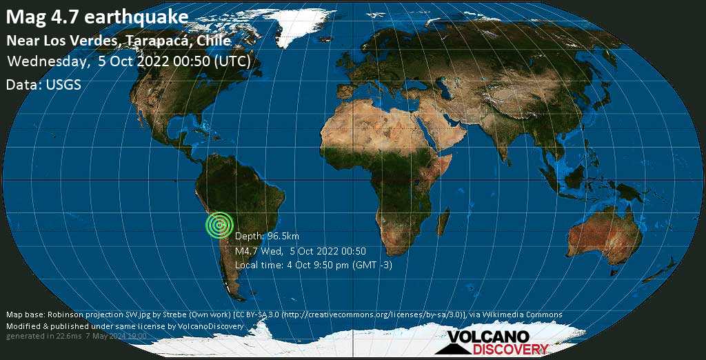 Sismo leggero mag. 4.7 - 88 km a est da Iquique, Regione di Tarapacá, Cile, martedì,  4 ott 2022 21:50 (GMT -3)