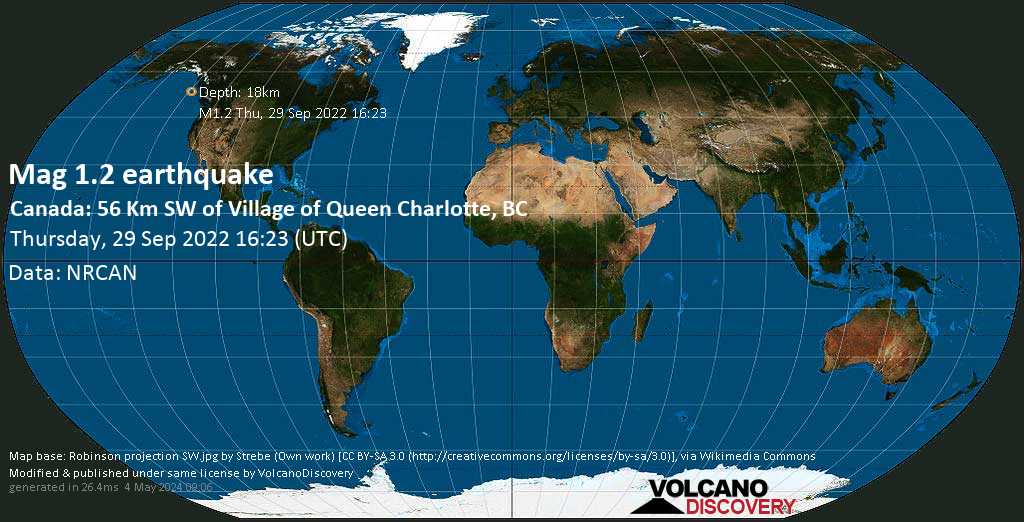 Minor mag. 1.2 earthquake - Canada: 56 Km SW of Village of Queen Charlotte, BC, on Thursday, September 29, 2022 at 16:23 GMT