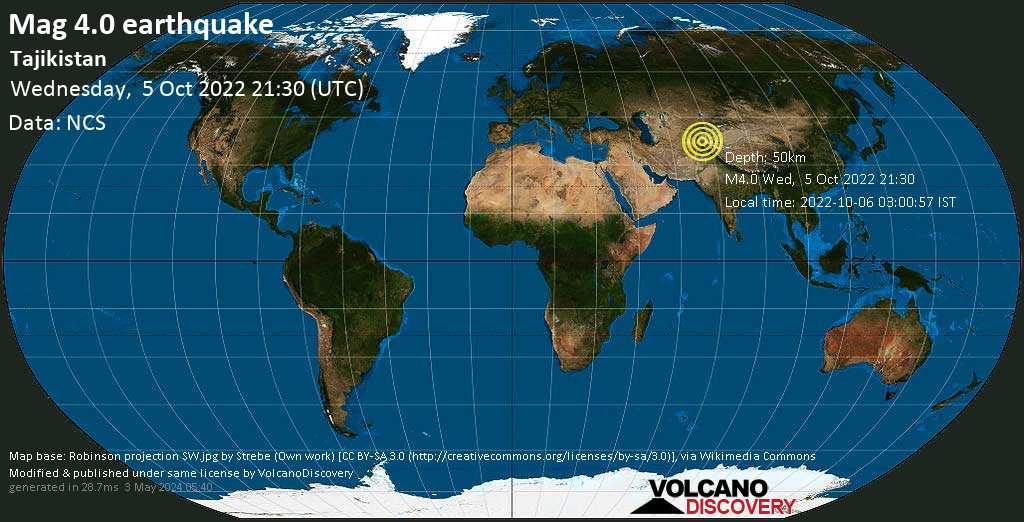 Light mag. 4.0 earthquake - 42 km southeast of Khorugh, Gorno-Badakhshan, Tajikistan, on Thursday, Oct 6, 2022 at 2:30 am (GMT +5)