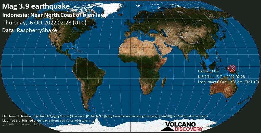 Moderate mag. 3.9 earthquake - 86 km west of Hollandia, Papua, Indonesia, on Thursday, Oct 6, 2022 at 11:28 am (GMT +9)