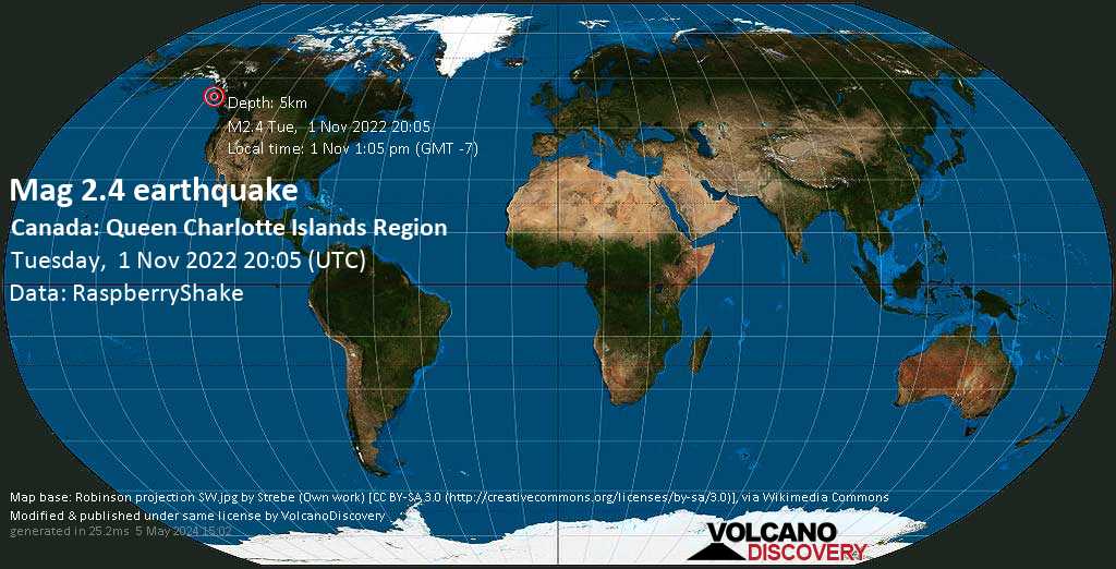 Weak mag. 2.4 earthquake - 99 km southwest of Prince Rupert, Skeena-Queen Charlotte Regional District, Colombia Britanica, Canada, on Tuesday, Nov 1, 2022 at 1:05 pm (GMT -7)