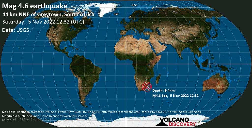 Moderate mag. 4.6 earthquake - 86 km southeast of Dundee, South Africa, on Saturday, Nov 5, 2022 at 2:32 pm (GMT +2)