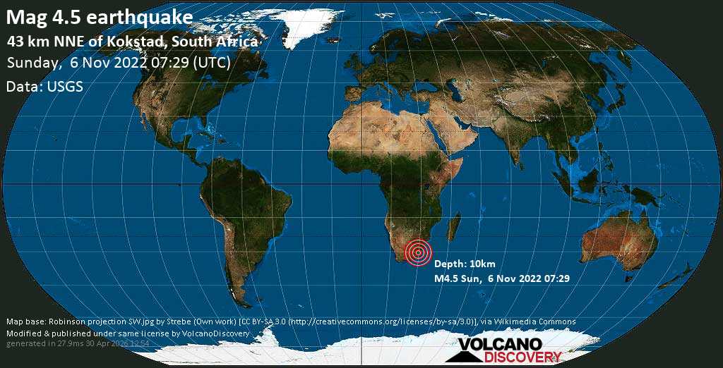 Moderate mag. 4.5 earthquake - Eastern Cape, 41 km north of Kokstad, South Africa, on Sunday, Nov 6, 2022 at 9:29 am (GMT +2)