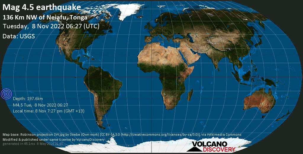 Light mag. 4.5 earthquake - South Pacific Ocean, 137 km northwest of Neiafu, Vava\'u, Tonga, on Tuesday, Nov 8, 2022 at 7:27 pm (GMT +13)