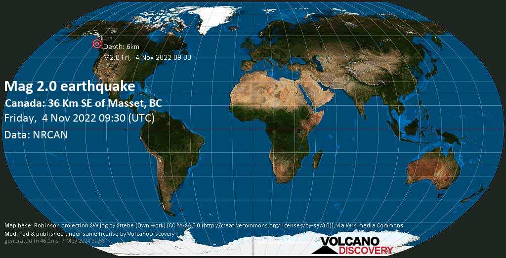 Weak mag. 2.0 earthquake - 98 km southwest of Prince Rupert, Skeena-Queen Charlotte Regional District, Colombia Britanica, Canada, on Friday, November 4, 2022 at 09:30 GMT