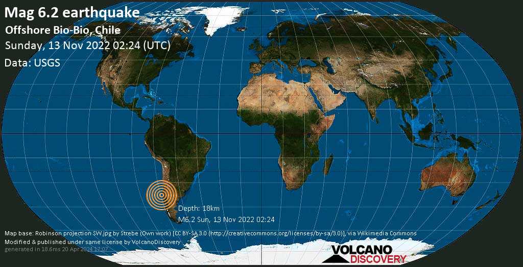 Πολύ δυνατός σεισμός μεγέθους 6.2 - South Pacific Ocean, 19 km βορειοδυτικά από Lebu, Provincia de Arauco, Region del Biobio, Χιλή, Σάββατο, 12 Νοε 2022 23:24 (GMT -3)