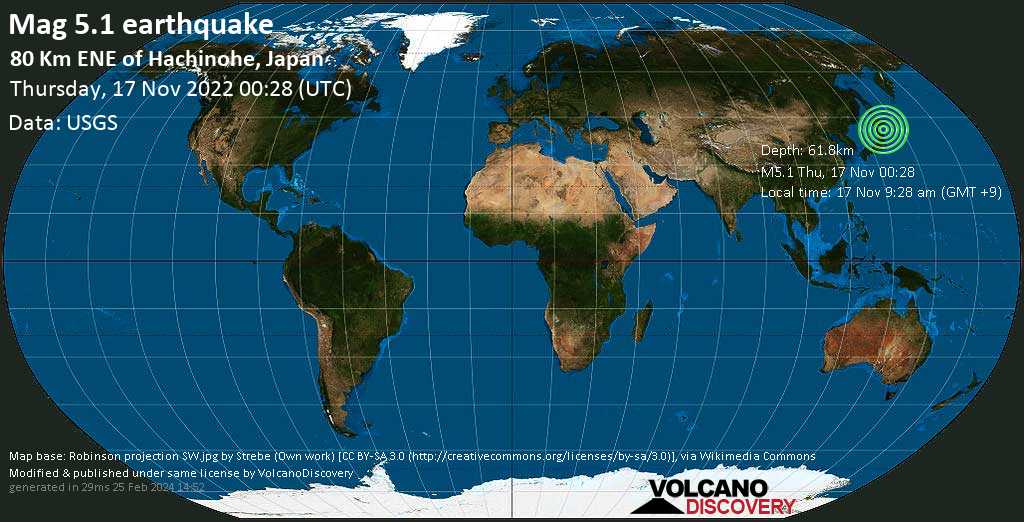 Moderate mag. 5.1 earthquake - North Pacific Ocean, 81 km northeast of Hachinohe, Aomori, Japan, on Thursday, Nov 17, 2022 at 9:28 am (GMT +9)