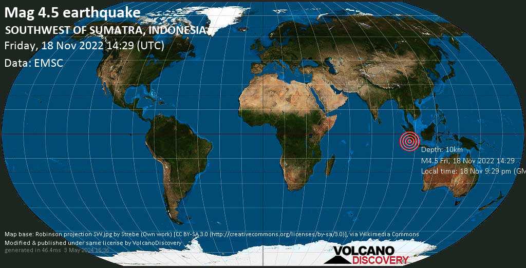 Moderate mag. 4.5 earthquake - Indian Ocean, 194 km west of Benkulu, Bengkulu, Indonesia, on Friday, Nov 18, 2022 at 9:29 pm (GMT +7)