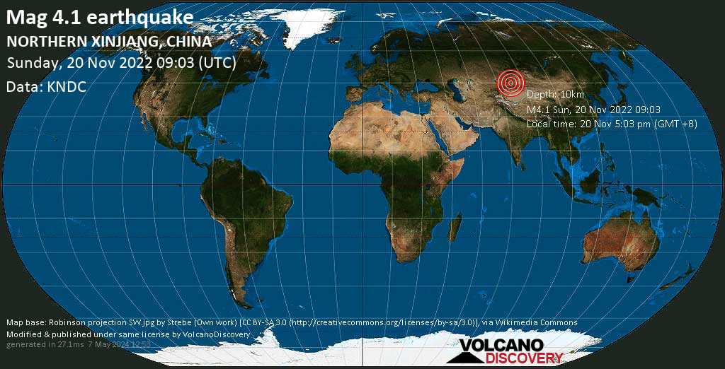 Moderate mag. 4.1 earthquake - Kazakhstan, 18 km south of Bole, Bortala Mongol Zizhizhou, Xinjiang, China, on Sunday, Nov 20, 2022 at 5:03 pm (GMT +8)