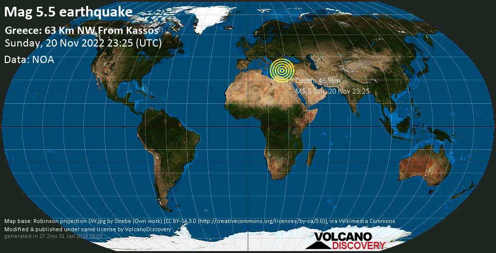 Moderate mag. 5.5 earthquake - Aegean Sea, 131 km northeast of Heraklion, Crete, Greece, on Monday, Nov 21, 2022 at 1:25 am (GMT +2)