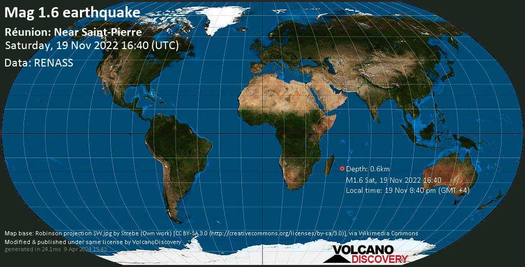 Minor mag. 1.6 earthquake - Réunion: Near Saint-Pierre on Saturday, Nov 19, 2022 at 8:40 pm (GMT +4)