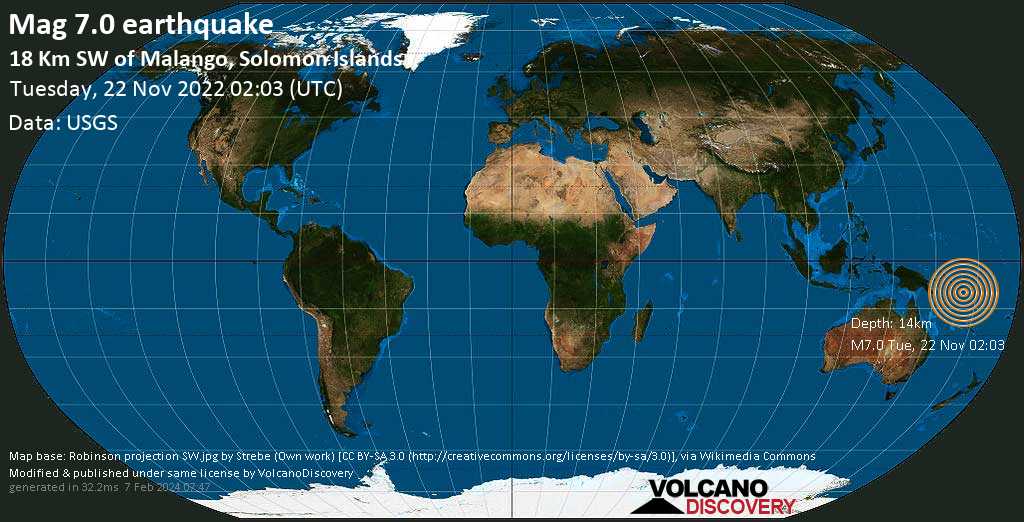 Major magnitude 7.3 earthquake - Solomon Sea, 55 km southwest of Honiara, Solomon Islands, on Tuesday, Nov 22, 2022 at 1:03 pm (GMT +11)