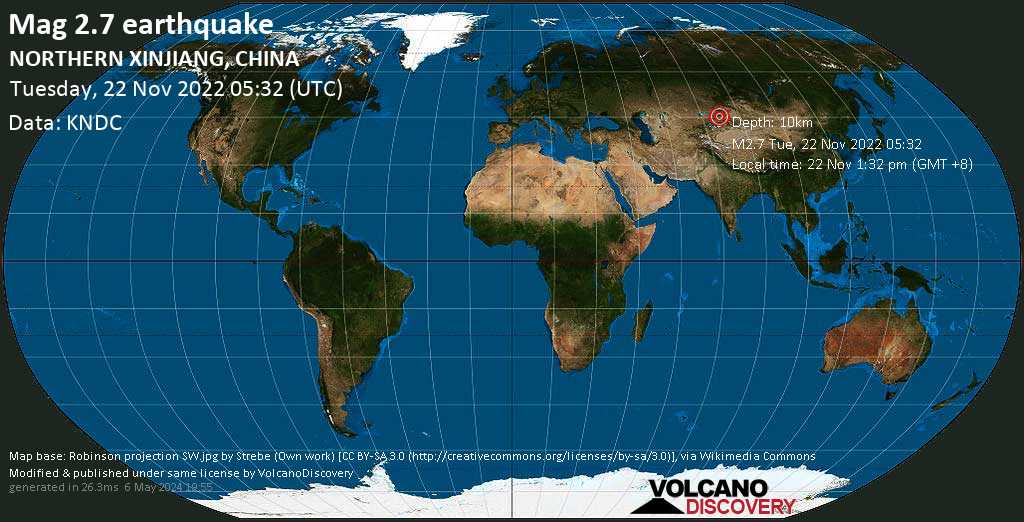 Weak mag. 2.7 earthquake - Kazakhstan, 45 km west of Bole, Bortala Mongol Zizhizhou, Xinjiang, China, on Tuesday, Nov 22, 2022 at 1:32 pm (GMT +8)