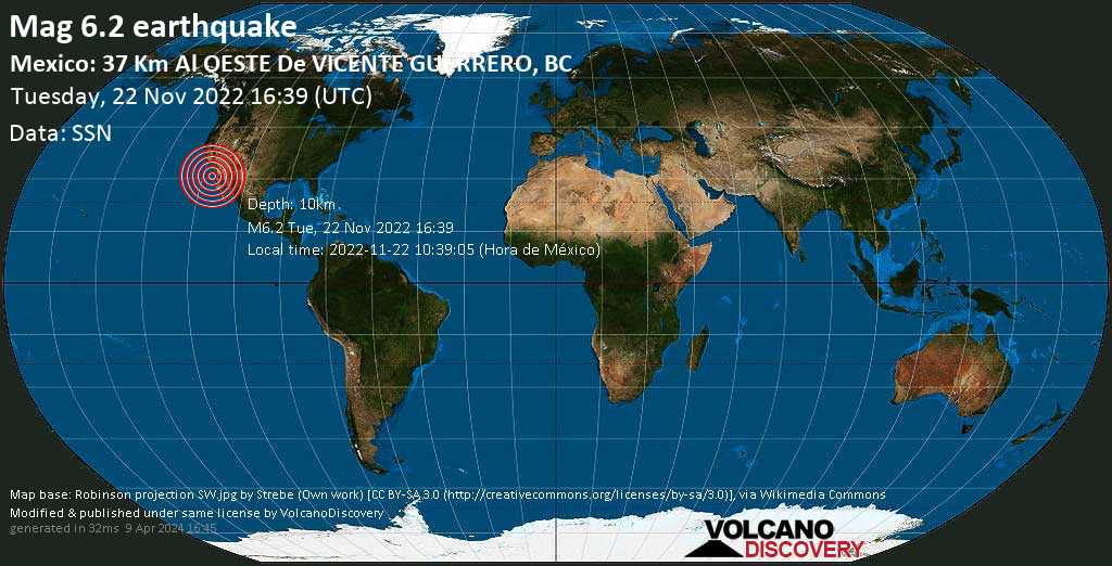 Çok güçlü mag.  6.2 büyüklüğünde deprem - Kuzey Pasifik Okyanusu, Lazaro Cardenas'ın 46 km batısında, Meksika, 22 Kas 2022 Salı 08:39 (GMT -8)