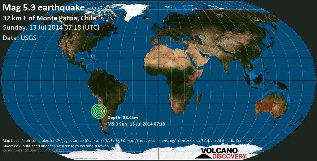 Moderate mag. 5.3 earthquake - Limarí, 28 km east of Monte Patria, Provincia de Limari, Coquimbo Region, Chile, on Sunday, July 13, 2014 03:18:26