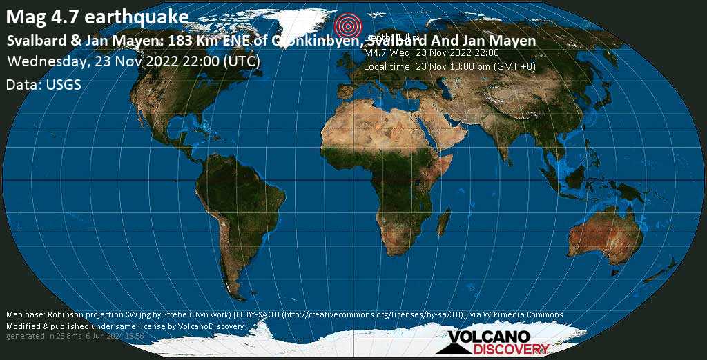 Terremoto moderado mag. 4.7 - Norwegian Sea, 183 km ENE of Olonkinbyen, Jan Mayen, miércoles, 23 nov 2022 22:00 (GMT +0)