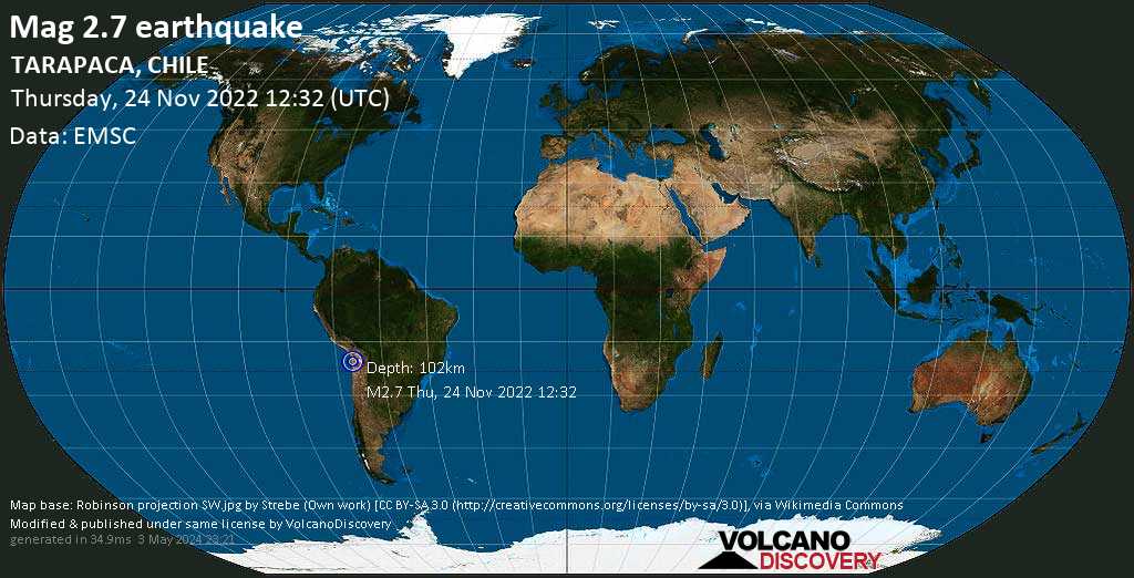 Minor mag. 2.7 earthquake - 106 km east of Iquique, Tarapaca, Chile, on Thursday, Nov 24, 2022 at 9:32 am (GMT -3)