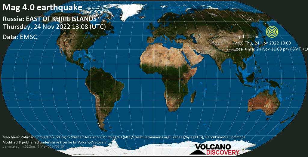 Light mag. 4.0 earthquake - North Pacific Ocean, 273 km south of Severo-Kuril\'sk, Sakhalin Oblast, Russia, on Thursday, Nov 24, 2022 at 11:08 pm (GMT +10)