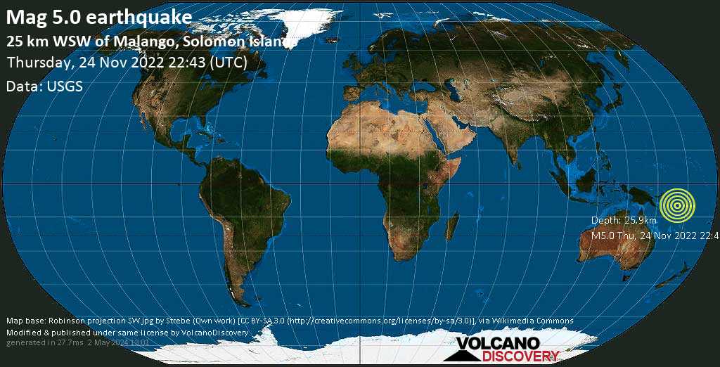 Strong mag. 5.0 earthquake - Solomon Sea, 65 km southwest of Honiara, Solomon Islands, on Friday, Nov 25, 2022 at 9:43 am (GMT +11)