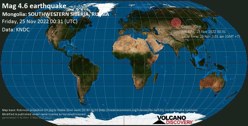 Moderate mag. 4.6 earthquake - 78 km southeast of Tashtagol, Kemerovo Oblast, Russia, on Friday, Nov 25, 2022 at 7:31 am (GMT +7)