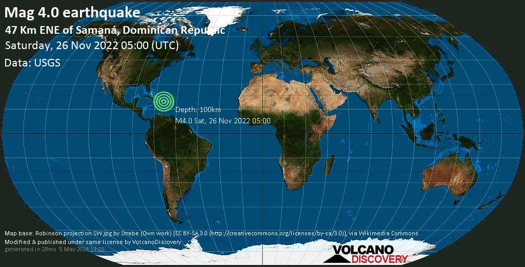 Séisme faible mag. 4.0 - Océan Atlantique Nord, 95 km au nord de Higüey, République dominicaine, samedi, 26 nov. 2022 01:00 (GMT -4)