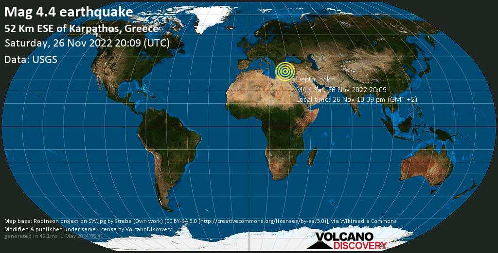 Light mag. 4.4 earthquake - Eastern Mediterranean, 53 km southeast of Pigadia, Greece, on Saturday, Nov 26, 2022 at 10:09 pm (GMT +2)