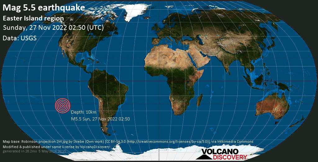 Strong mag. 5.6 earthquake - South Pacific Ocean, Chile, on Saturday, Nov 26, 2022 at 7:50 pm (GMT -7)