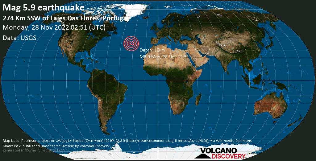 Tremblement de terre fort magnitude 5.9 - Océan Atlantique Nord, 275 km au sud-ouest de Lajes das Flores, Portugal, lundi, 28 nov. 2022 00:51 (GMT -2)