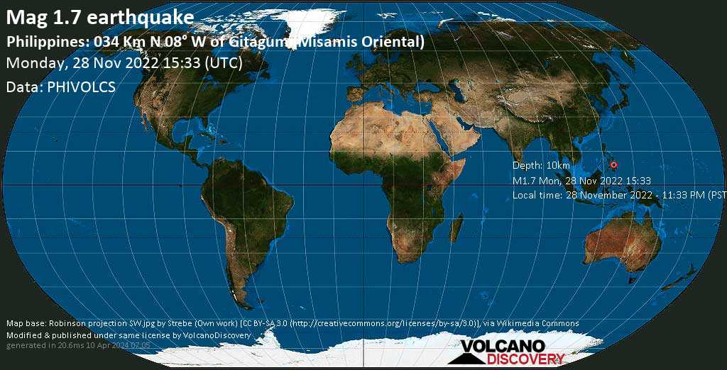 Minor mag. 1.7 earthquake - Philippines: 034 Km N 08° W of Gitagum (Misamis Oriental) on Monday, Nov 28, 2022 at 11:33 pm (GMT +8)