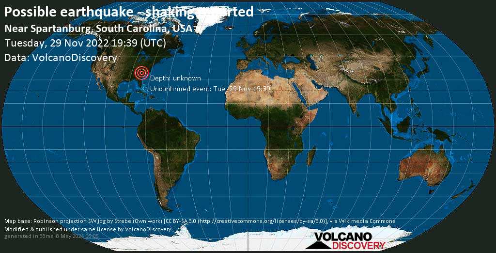 Αναφερόμενος σεισμός ή συμβάν παρόμοιο με σεισμό: 84 km νοτιοανατολικά από Spartanburg, Νότια Καρολίνα, Ηνωμένες Πολιτείες, Τρίτη, 29 Νοε 2022 14:39 (GMT -5)