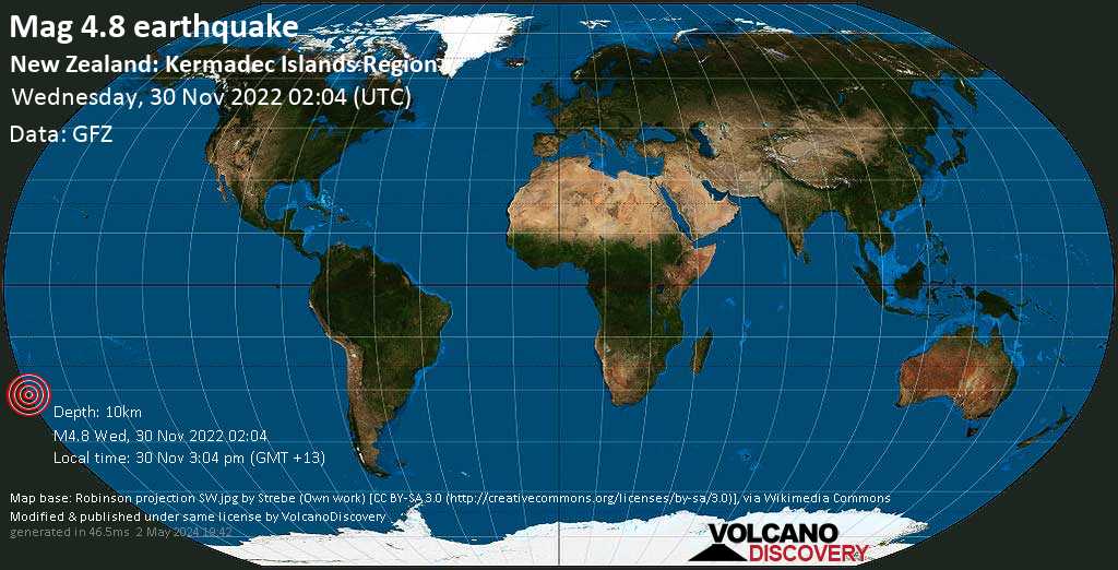 Moderate mag. 4.8 earthquake - South Pacific Ocean, New Zealand, on Wednesday, Nov 30, 2022 at 3:04 pm (GMT +13)