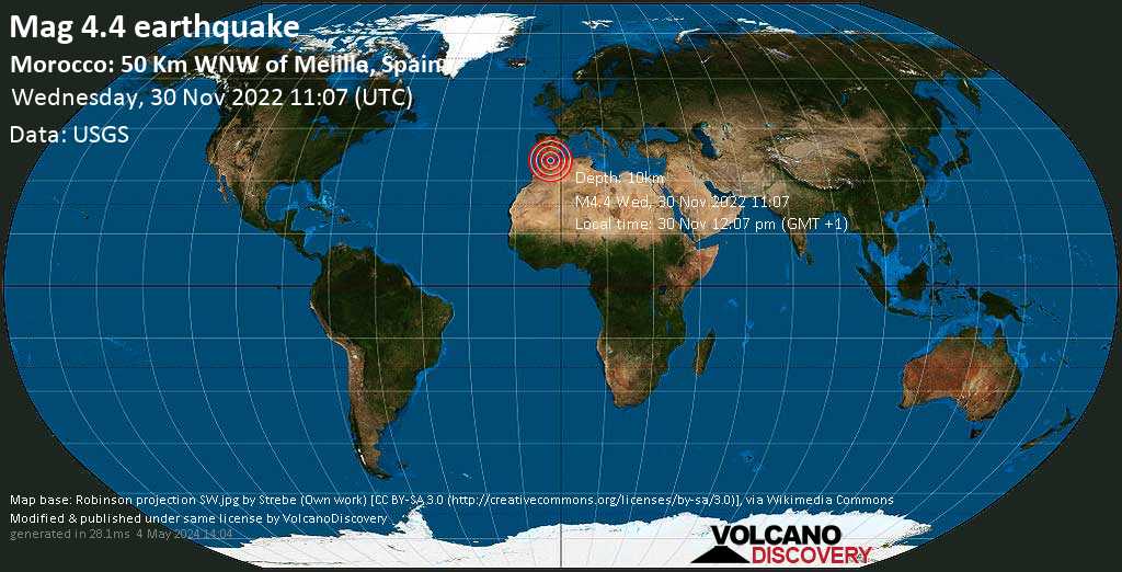 Moderate mag. 4.4 earthquake - Alboran Sea, 53 km northeast of Al Hoceima, Morocco, on Wednesday, Nov 30, 2022 at 12:07 pm (GMT +1)
