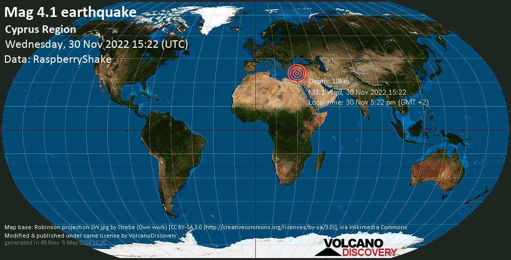 Moderate mag. 4.1 earthquake - Eastern Mediterranean, 203 km west of Nicosia, Cyprus, on Wednesday, Nov 30, 2022 at 5:22 pm (GMT +2)