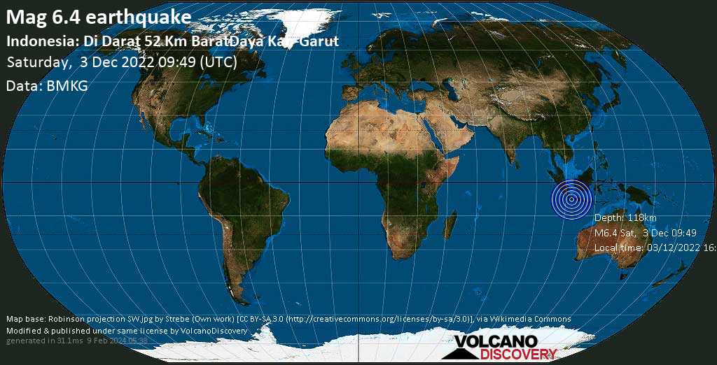 Terremoto forte mag. 6.4 - 66 km a sud da Bandung, Giava Occidentale, Indonesia, sabato,  3 dic 2022 16:49 (GMT +7)