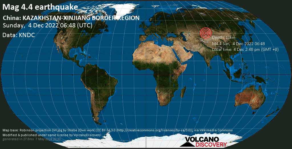 Moderate mag. 4.4 earthquake - Kazakhstan, 28 km north of Bole, Bortala Mongol Zizhizhou, Xinjiang, China, on Sunday, Dec 4, 2022 at 2:48 pm (GMT +8)
