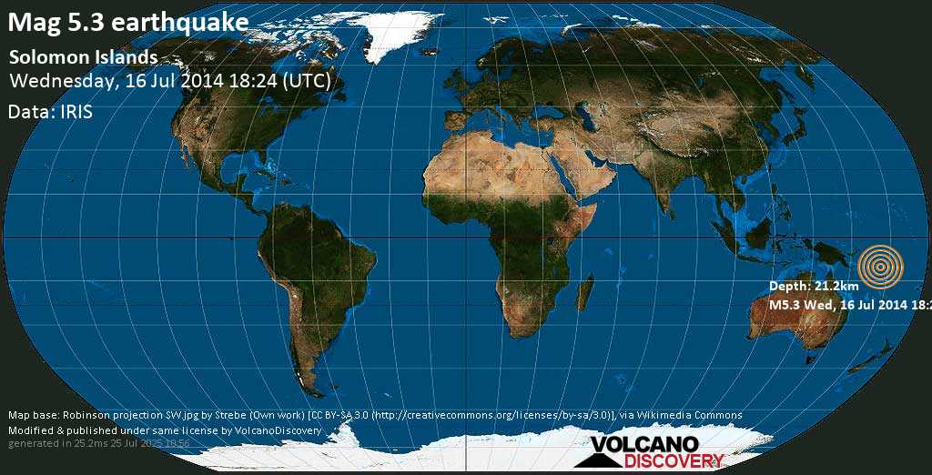 Moderate mag. 5.2 earthquake - SOLOMON ISLANDS on Wednesday, 16 July 2014 at 18:24 (GMT)