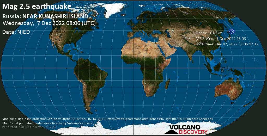 Minor mag. 2.5 earthquake - North Pacific Ocean, Russia, 76 km east of Nemuro, Hokkaido, Japan, on Wednesday, Dec 7, 2022 at 6:06 pm (GMT +10)