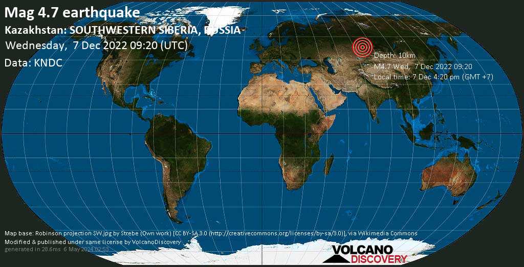 Moderate mag. 4.7 earthquake - 5.9 km north of Romanovo, Altai Krai, Russia, on Wednesday, Dec 7, 2022 at 4:20 pm (GMT +7)