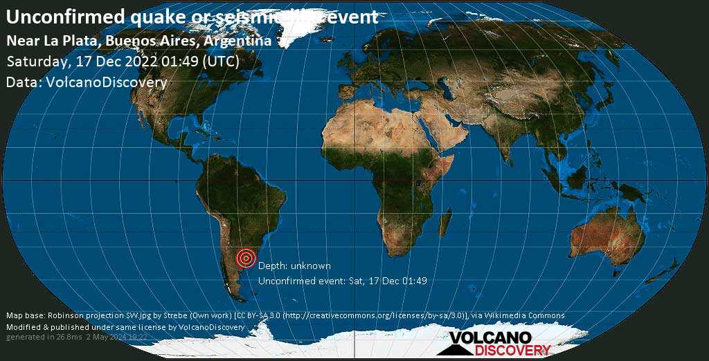 Unconfirmed earthquake or seismic-like event: 6.6 km east of Berazategui, Buenos Aires, Argentina, Friday, Dec 16, 2022 at 10:49 pm (GMT -3)