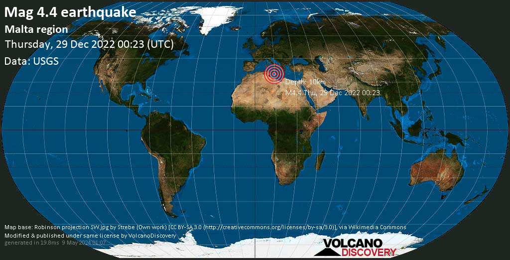 Moderate mag. 4.4 earthquake - Eastern Mediterranean, 98 km south of Żurrieq, Malta, on Thursday, Dec 29, 2022 at 1:23 am (GMT +1)