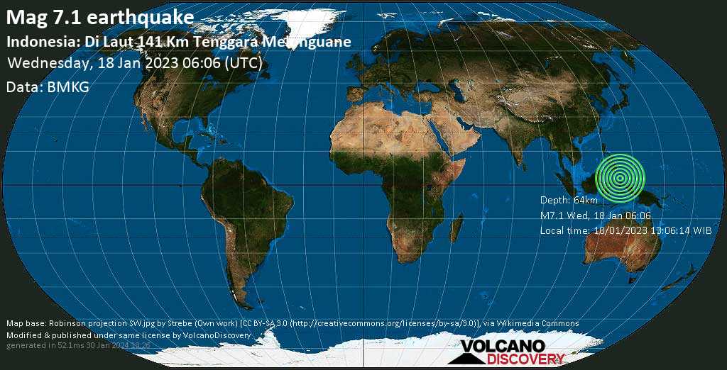 Major magnitude 7.1 earthquake - Molucca Sea, 291 km northeast of Manado, North Sulawesi, Indonesia, on Wednesday, Jan 18, 2023 at 3:06 pm (GMT +9)