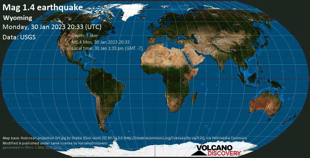 Minor mag. 1.4 earthquake - Wyoming on Monday, Jan 30, 2023 at 1:33 pm (GMT -7)