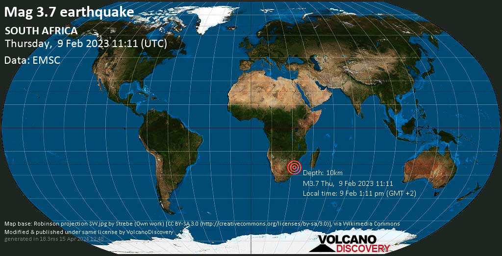Light mag. 3.7 earthquake - Mozambique, 36 km north of Komatipoort, South Africa, on Thursday, Feb 9, 2023 at 1:11 pm (GMT +2)
