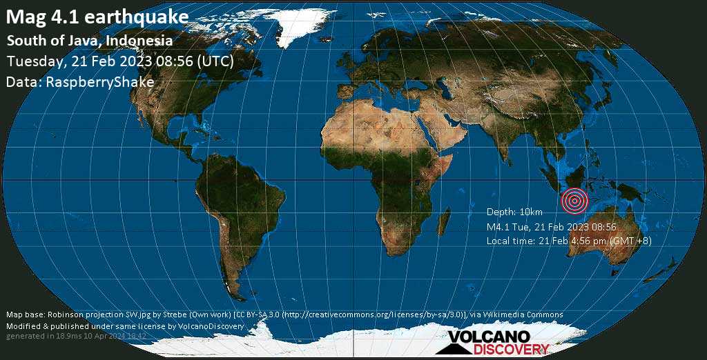 Moderate mag. 4.1 earthquake - Indian Ocean, 145 km south of Lumajang, East Java, Indonesia, on Tuesday, Feb 21, 2023 at 4:56 pm (GMT +8)
