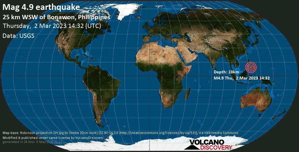 Moderate mag. 4.8 earthquake - Sulu Sea, 43 km southwest of Bayawan, Philippines, on Thursday, Mar 2, 2023 at 10:32 pm (GMT +8)