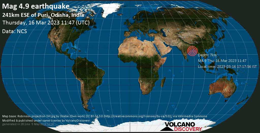 Moderate mag. 4.9 earthquake - Bay of Bengal, 271 km southeast of Bhubaneswar, Khordha, Odisha, India, on Thursday, Mar 16, 2023 at 5:47 pm (GMT +6)