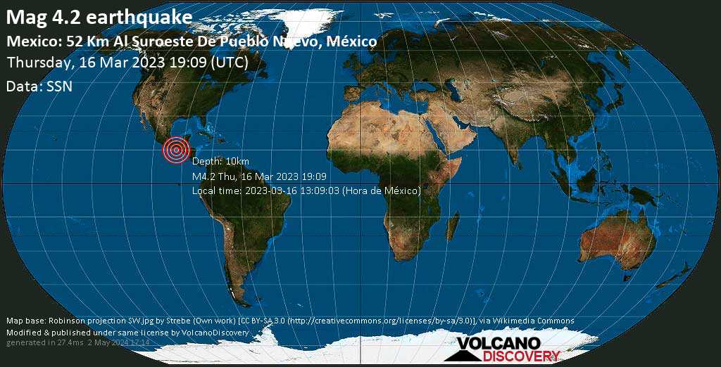Moderate mag. 4.2 earthquake - North Pacific Ocean, 66 km southwest of Huixtla, Chiapas, Mexico, on Thursday, Mar 16, 2023 at 1:09 pm (GMT -6)