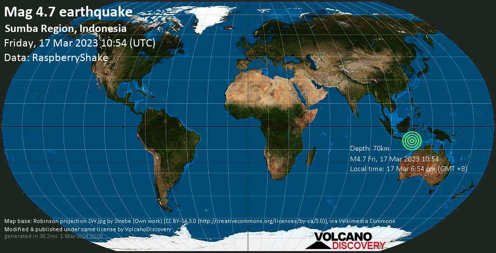 Light mag. 4.7 earthquake - 82 km southwest of Labuan Bajo, East Nusa Tenggara, Indonesia, on Friday, Mar 17, 2023 at 6:54 pm (GMT +8)