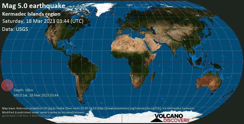 Strong mag. 5.0 earthquake - South Pacific Ocean, New Zealand, on Saturday, Mar 18, 2023 at 4:44 pm (GMT +13)